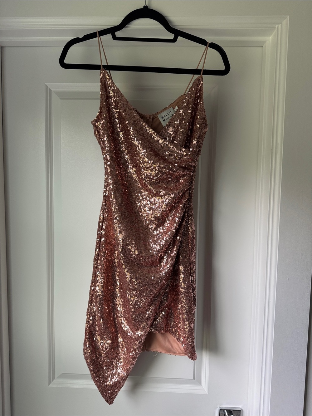 NWOT Hello Molly Rose Gold Sequin Asymmetrical Slip Dress